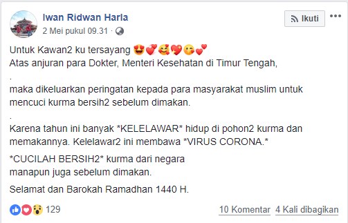 [SALAH] Cuci Bersih Kurma Karena Mengandung Virus Corona yang Berasal dari Kelelawar