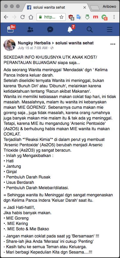 [SALAH] Makan Cokelat Setelah Makan Mie Goreng Berakibat Kematian