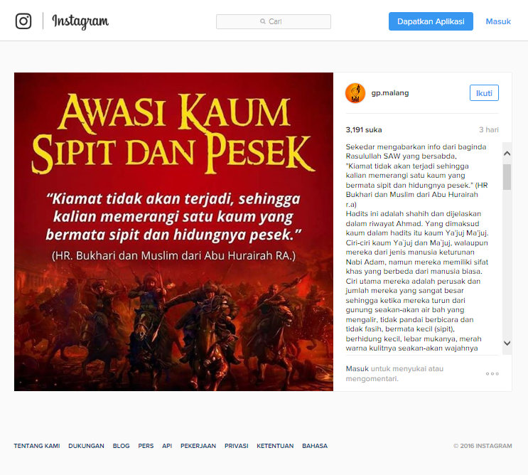 HASUT: Instagram “Awasi Kaum Sipit Dan Pesek”
