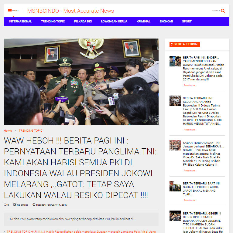 Gatot Nurmantyo Akan Menghabisi Oknum PKI Walaupun Joko Widodo Melarang Dan Berisiko Dipecat Sebagai Panglima TNI
