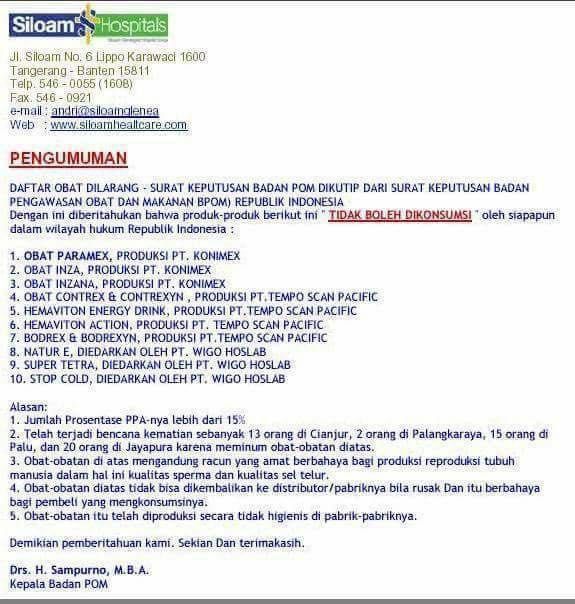 Daftar Obat Terlarang BPOM (Kop Surat RS Siloam)
