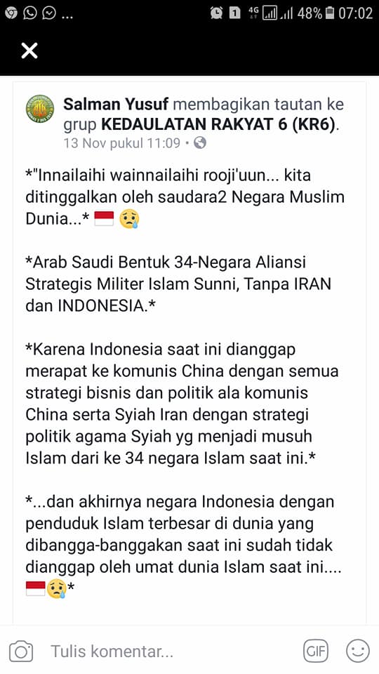 [MISINFORMASI] “Indonesia Ditinggalkan Oleh Saudara2 Negara Muslim Dunia”