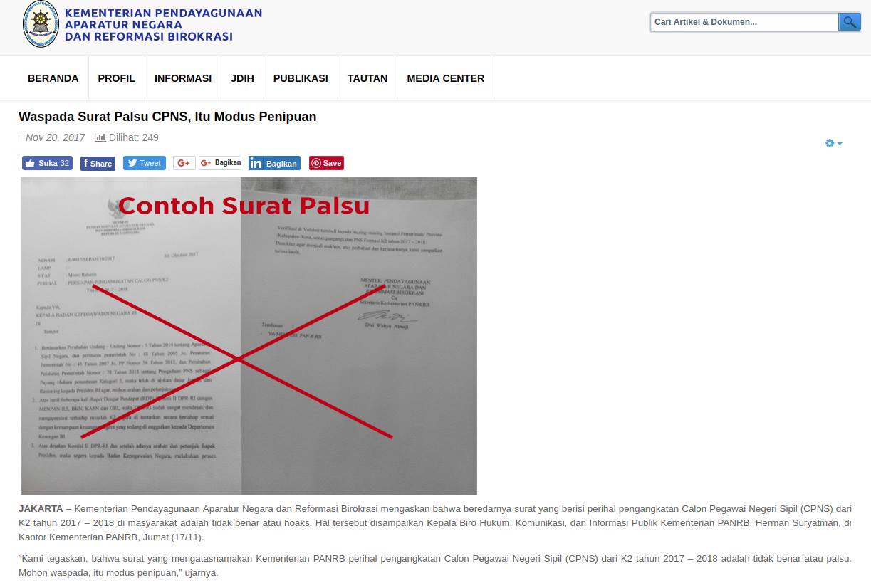 [HOAX] SURAT PENGANGKATAN CPNS DARI K2 Tahun 2017-2018