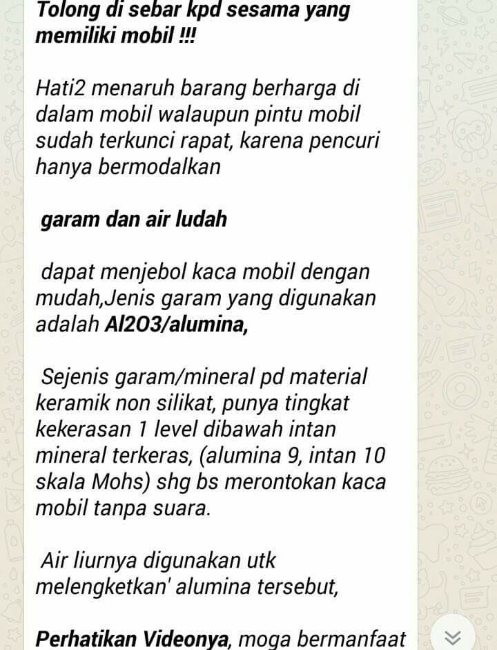 [DISINFORMASI] “Garam dan Air Ludah Untuk Memecahkan Kaca Mobil”