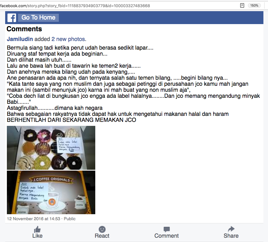 [HOAX] “J.CO Memang Mengandung Minyak Babi”
