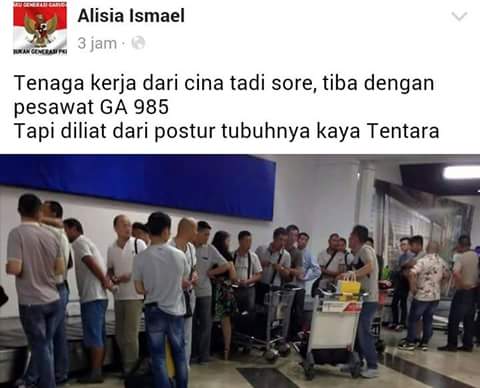 [HOAX] Tenaga Kerja China Berpostur Tubuh Layaknya Tentara Tiba Dengan Pesawat GA 985