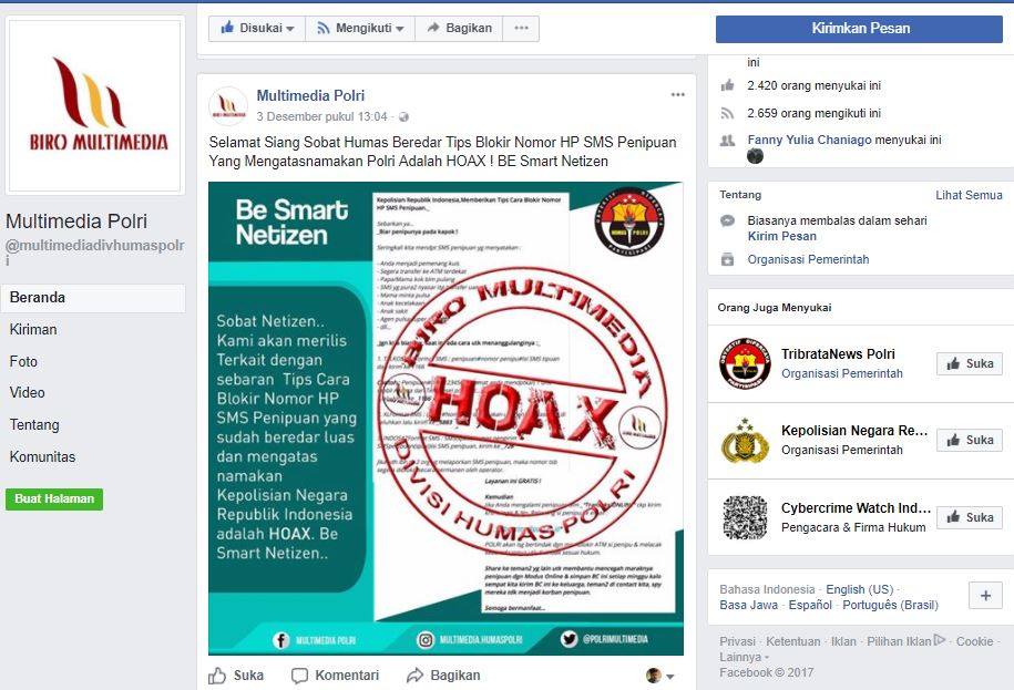 [HOAX] “Kepolisian Republik Indonesia Memberikan Tips Cara Blokir Nomor HP SMS Penipuan”