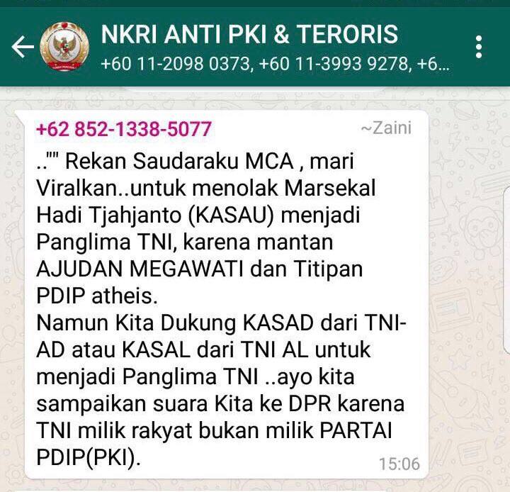[HASUT+FITNAH] “Tolak Marsekal Hadi Tjahjanto Menjadi Panglima TNI, karena TNI Bukan Milik PDIP”
