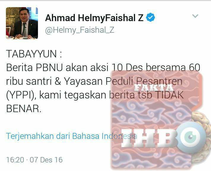 (KLARIFIKASI): NU Bantah Lakukan Aksi Tandingan 212 Pada 10 Desember 2016