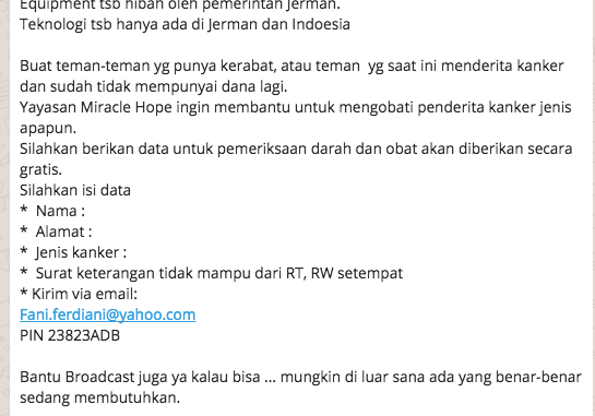 [HOAX] Yayasan Miracle Hope Ingin Membantu Untuk Mengobati Penderita Kanker Jenis Apapun