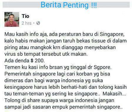 [HOAX] Membuang Tisu Bekas di Wadah Makan atau Minum di Singapur Dikenakan Denda