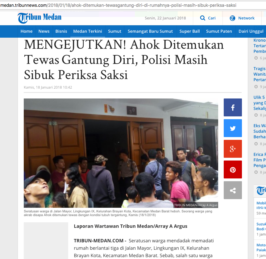 [KLARIFIKASI] “Ahok Ditemukan Tewas Gantung Diri, Polisi Masih Sibuk Periksa Saksi”