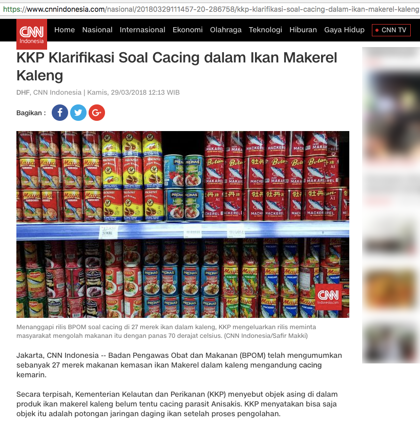 [BERITA] “KKP Klarifikasi Soal Cacing dalam Ikan Makerel Kaleng”