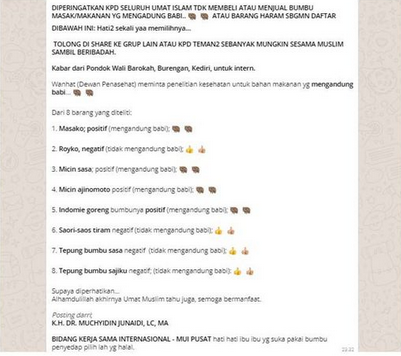 [SALAH] “MUI Mengeluarkan Daftar Bumbu dan Makanan yang Mengandung Babi”