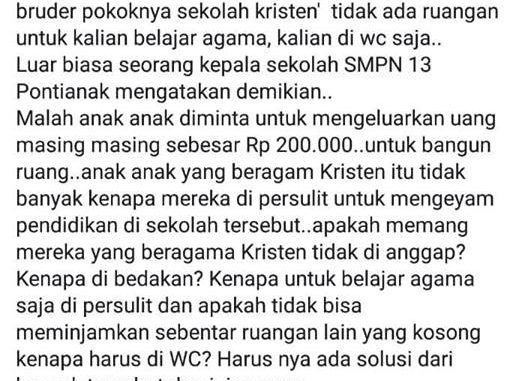 [BENAR] Klarifikasi terkait Unggahan Akun Facebook Bernama Monik Tentang Diskriminasi Siswa Kristen di SMPN 13 Pontianak