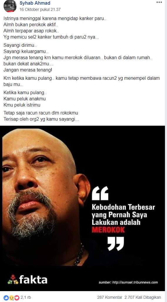 [DISINFORMASI] Istri Indro Warkop Meninggal Karena Menjadi Perokok Pasif