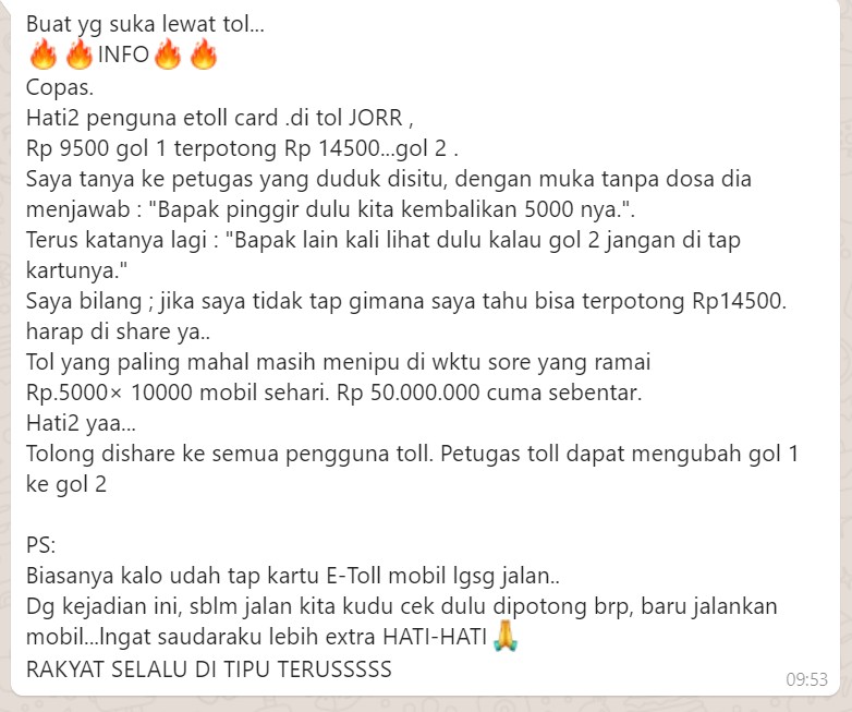 [DISINFORMASI] Petugas Operator Tipu Pengguna Jalan Tol