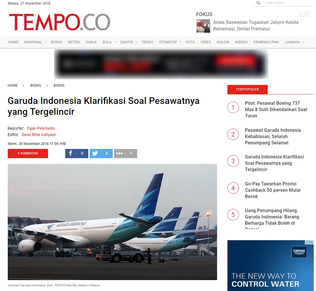 [KLARIFIKASI] Klarifikasi Garuda Indonesia Soal Pesawatnya yang Dikatakan Tergelincir di Bandara Adisucipto