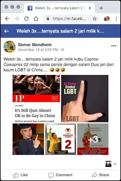 [DISINFORMASI] “salam 2 jari kubu Capres-Cawapres 02 mirip salam Dua jari LGBT China”
