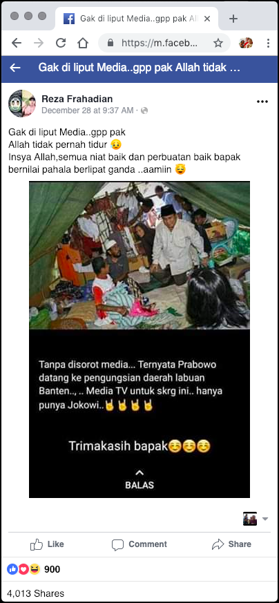 [DISINFORMASI] “Ternyata Prabowo datang ke pengungsian daerah labuan Banten”