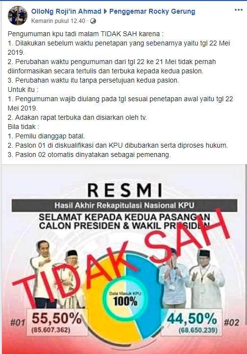[SALAH] Pengumuman KPU Sebelum tanggal 22 Mei Tidak Sah
